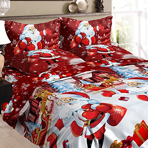 KIPOP Juego de ropa de cama de Navidad, diseño de Papá Noel, poliéster, estampado 3D, funda nórdica + 2 fundas de almohada + sábana, juego de decoración de dormitorio de Navidad, tamaño King