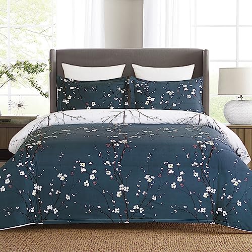 YEPINS Juego de ropa de cama con diseño de flores, 135 x 200 cm, color azul oscuro/blanco, reversible, 2 piezas, suave microfibra, funda nórdica con cremallera y 1 funda de almohada de 80 x 80 cm