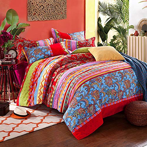 Sedefen Ropa de cama de 135 x 200 cm, bohemio, rojo y azul, multicolor, diseño de mandala vintage, ropa de cama reversible con cremallera y funda de almohada de 80 x 80 cm