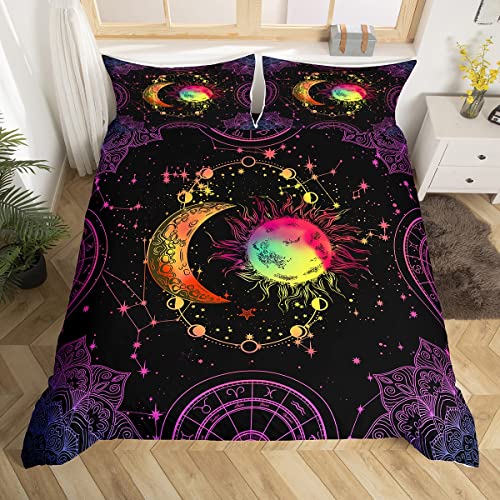 Soleil et Moon - Juego de cama de 200 x 200 cm, estilo bohemio, juego de funda nórdica para niños, diseño de Psychedelic, diseño hippie, transpirable, galaxia, decoración de dormitorio