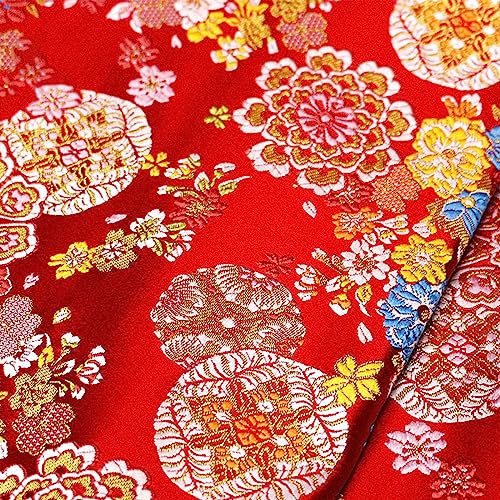 TNINGTSN satén brocado seda tela jacquard Kimono japonés rojo flores color festivo cinturón tejido oro tejido edredón boda festiva decoración tradicional tela 140x50cm