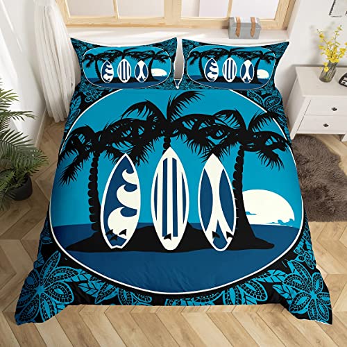 Palmier - Juego de cama de 200 x 200 cm, juego de funda nórdica para tabla de surf Boho flores, funda nórdica Hawaiian Tropical Island azul, decoración de dormitorio 3 piezas con 2 fundas de almohada