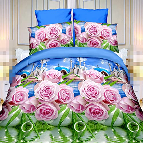 Juego de sábanas de algodón 3D rosa de 4 unidades, funda de edredón suave, sábana de cama, funda de almohada, ropa de cama grande