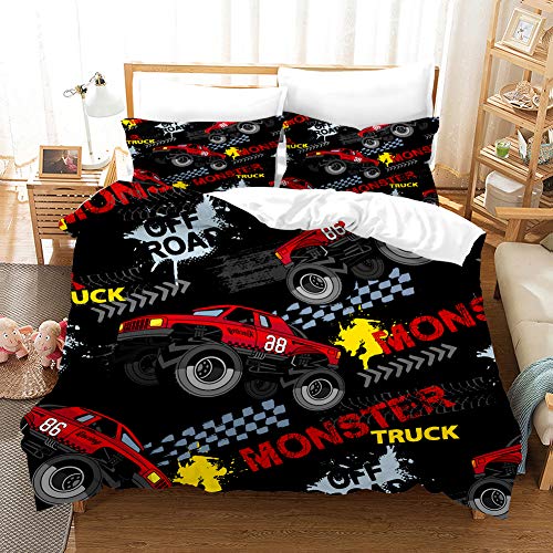 GDGM Monster Truck Juego de ropa de cama 3D, ropa de cama para niños, gran coche de carreras Off, funda nórdica y funda de almohada de algodón/Renforcé (C02, 220 x 240 cm)