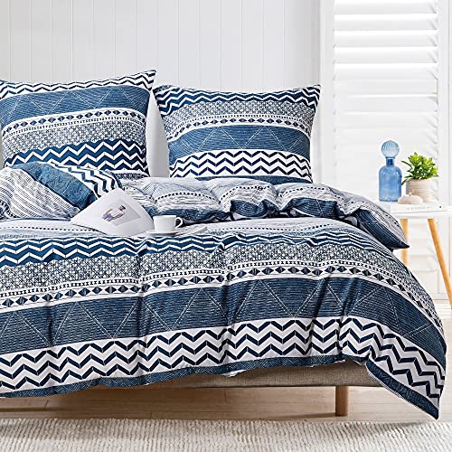 Damier Ropa de cama 135 x 200 cm, juego de sábanas con diseño geométrico de rayas azul y blanco, funda nórdica de microfibra con cremallera y 1 funda de almohada.