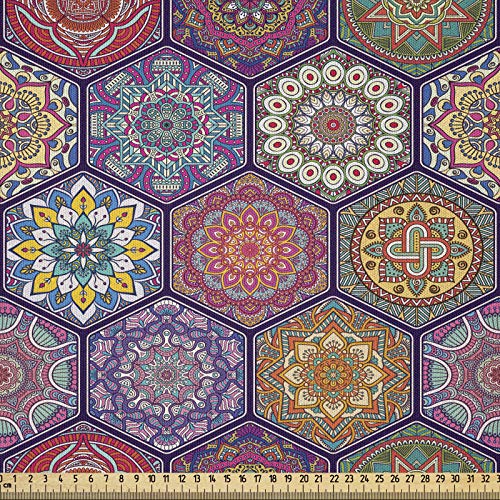 ABAKUHAUS Mandala Tela por Metro, Patrón Hexagonal Arreglo de Cultura Oriental y Flores Antiguas Antigüedad, Microfibra Decorativa para Artes y Manualidades, 3M (230x300cm), Multicolor
